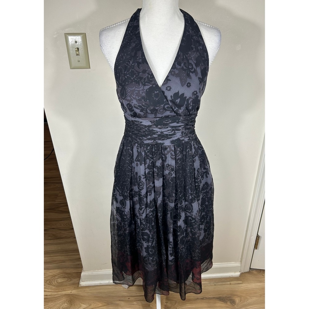 VTG Y2K Anne Klein Dress Sz 6 Gray Black Floral Silk Halter Midi Red Hem Luxe